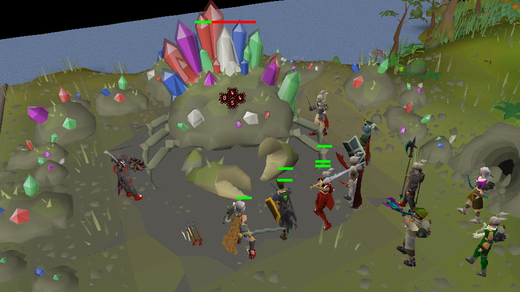 Players fighting the large Gemstone Crab among coloured crystal formations in Impact.