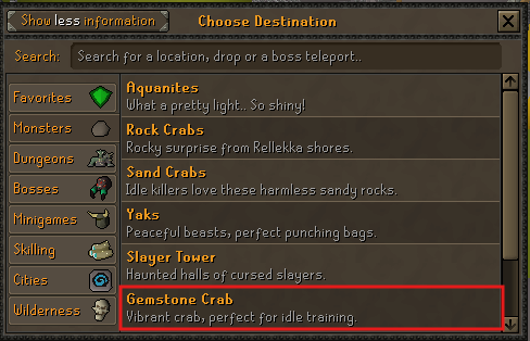 Impact Spirit Tree teleport menu with Monsters selected and Gemstone Crab highlighted.