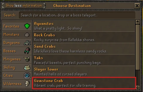 Impact Spirit Tree teleport menu with Monsters selected and Gemstone Crab highlighted.