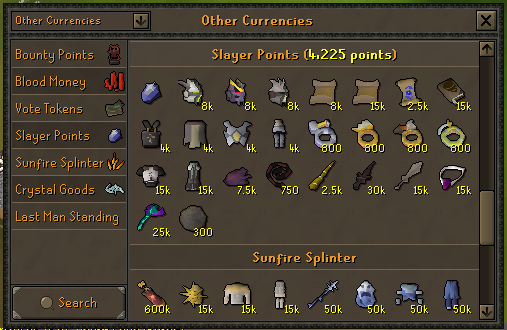 Impact Slayer Points reward shop showing available items and point costs