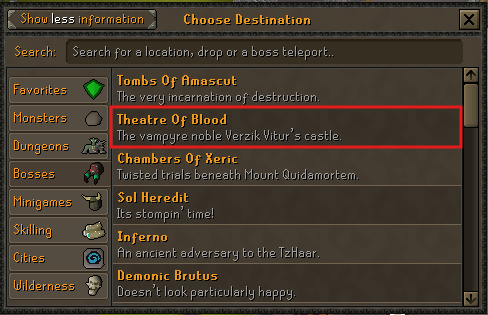 Impact Spirit Tree teleport menu with Bosses selected and Theatre of Blood highlighted.