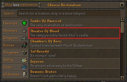 Impact Spirit Tree teleport menu with Bosses selected and Theatre of Blood highlighted.