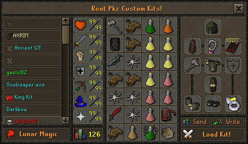 Roat Pkz Custom Kits interface showing saved kit names, equipment slots, inventory supplies and the Load Kit button