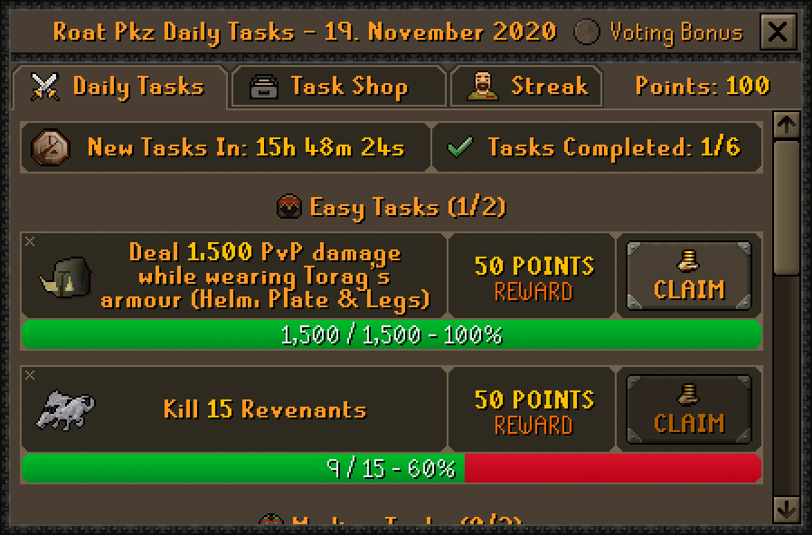 Roat Pkz Daily Tasks interface showing task tiers, progress and point rewards